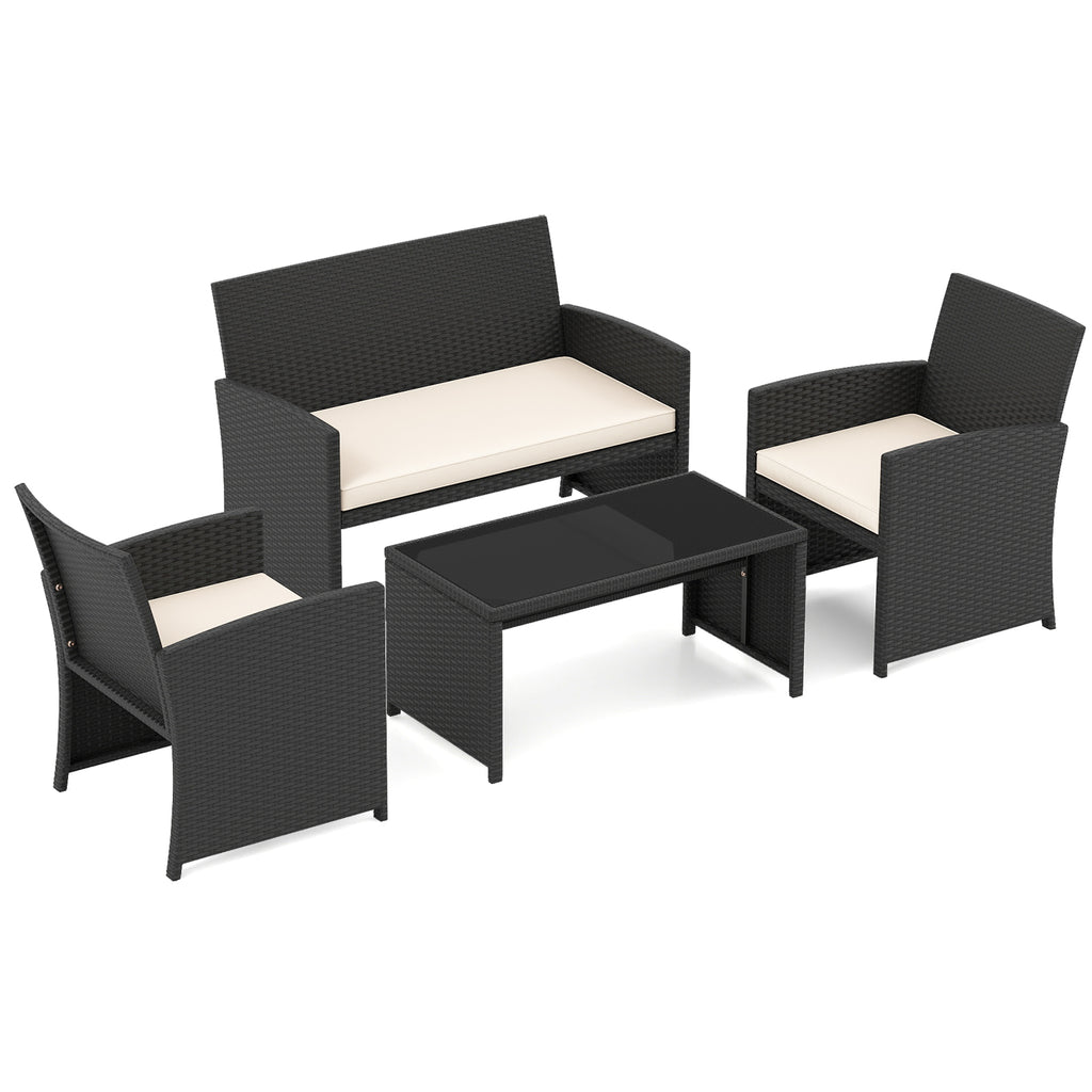 4-Piece Patio Furniture Set with Glass Table and Cushions - White