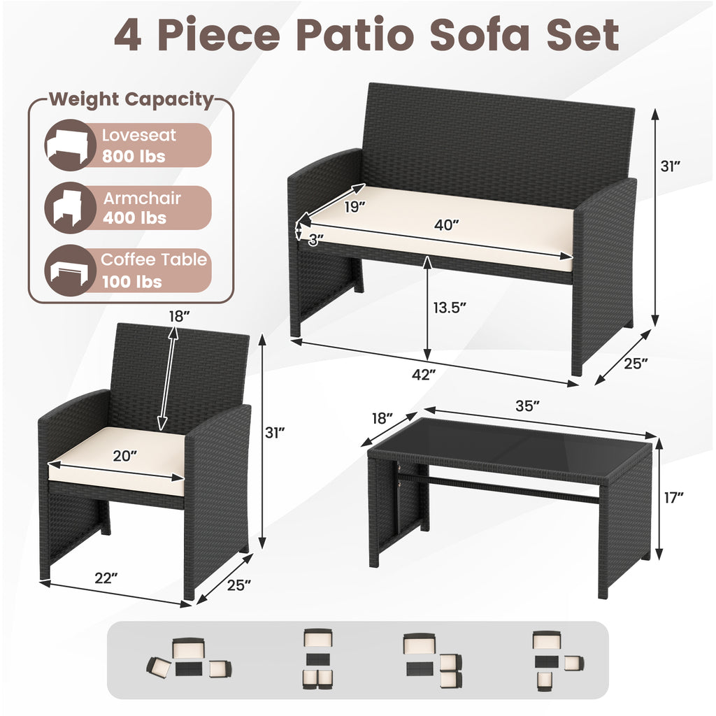 4-Piece Patio Furniture Set with Glass Table and Cushions - White