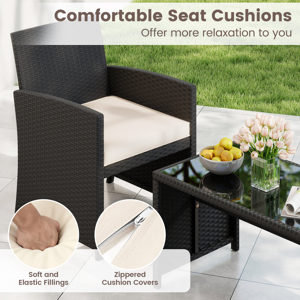 4-Piece Patio Furniture Set with Glass Table and Cushions - White