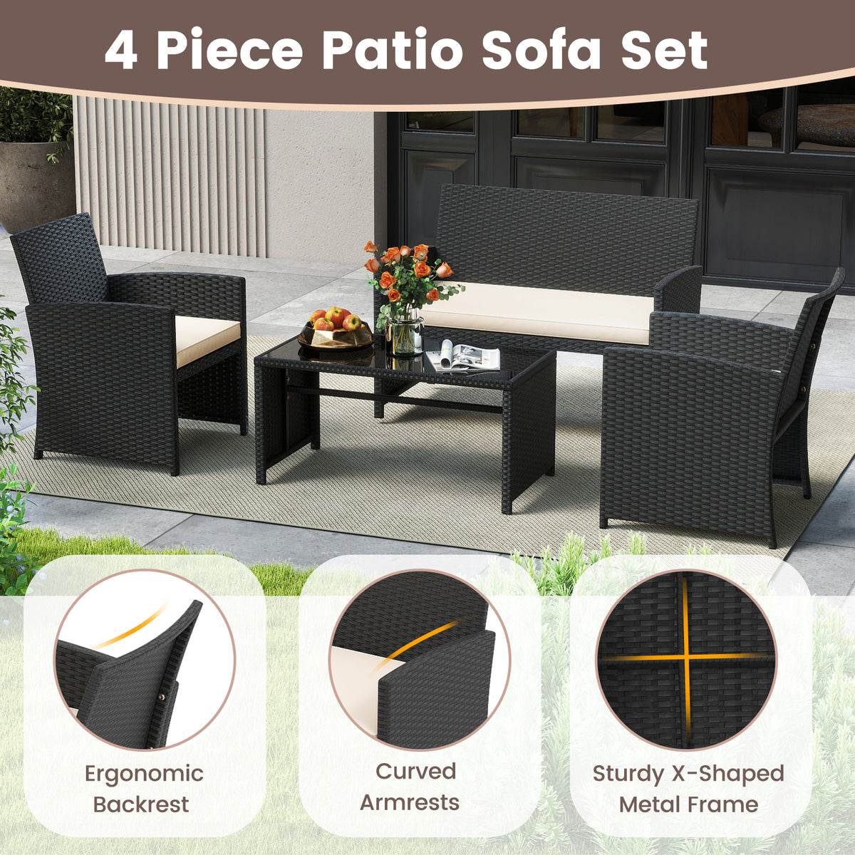 4-Piece Patio Furniture Set with Glass Table and Cushions - White