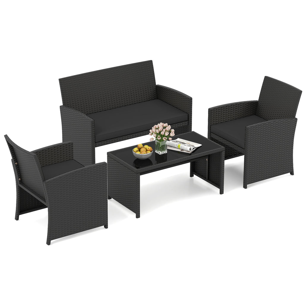 4-Piece Patio Furniture Set with Glass Table and Cushions - White