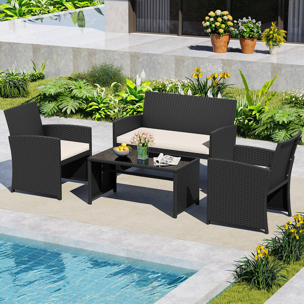 4-Piece Patio Furniture Set with Glass Table and Cushions - White