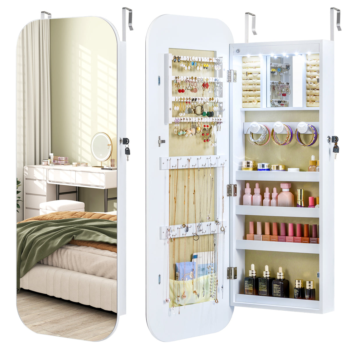 Jewelry Armoire Cabinet with Full-Length Mirror – Wall/Door Mount