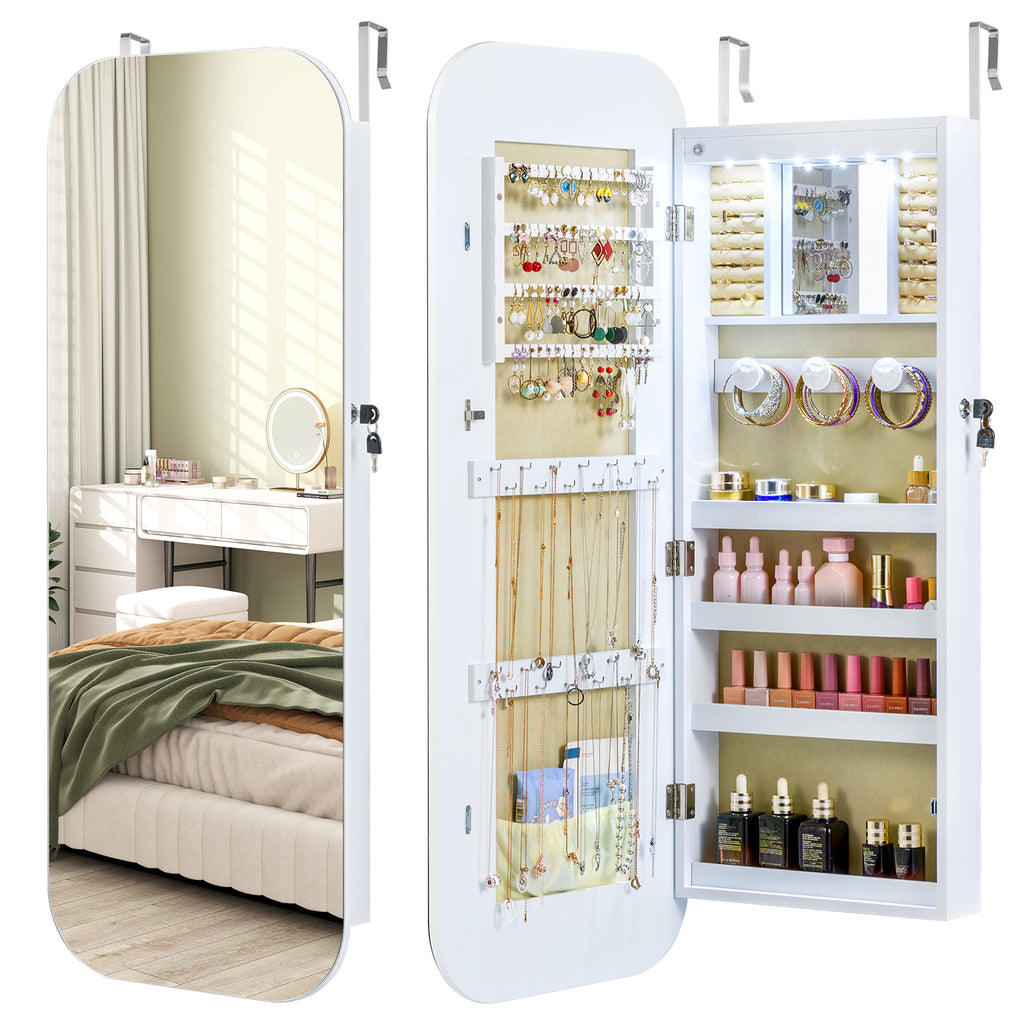 6 LED Mirror Jewelry Cabinet Wall Mount - White