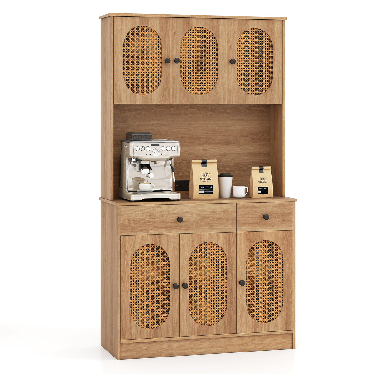 71-Inch Pantry Cabinet with Hutch & Charging Station - Natural
