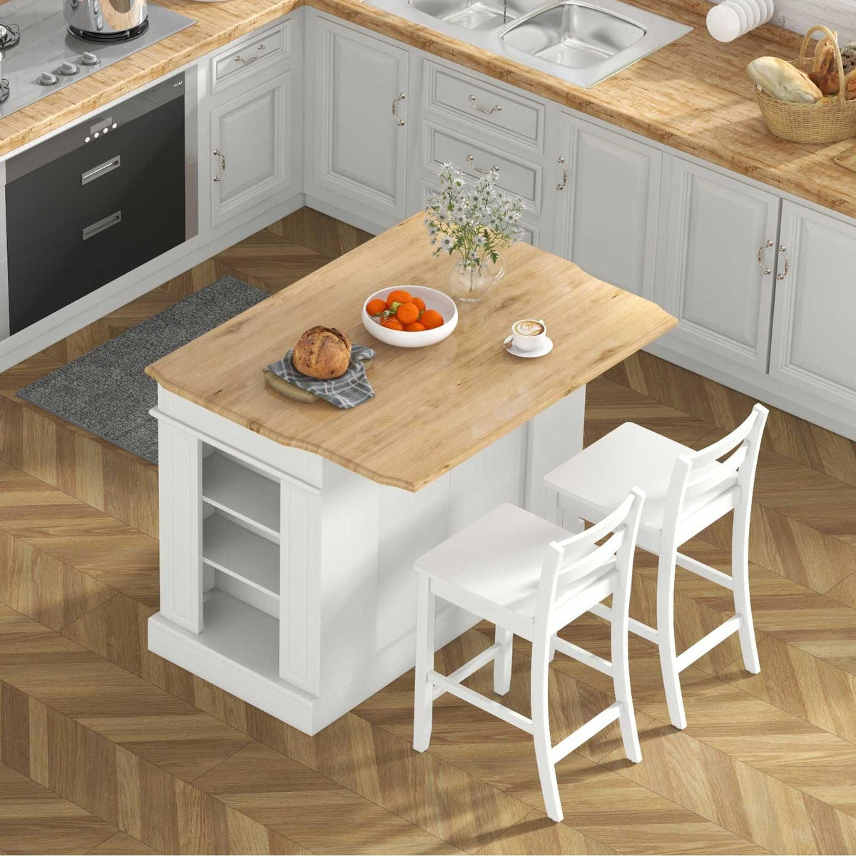 Kitchen Island + 2 Bar Stools + Storage Cart - 3-Piece Set