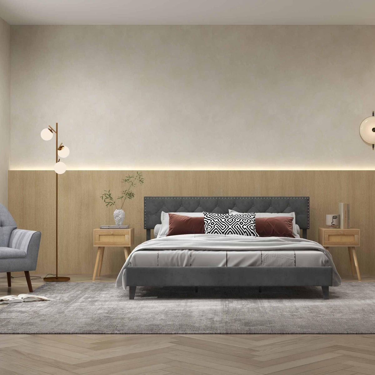 Upholstered Queen Bed with Rattan Nightstands and Floor Lamp