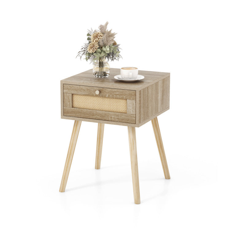 Upholstered Queen Bed with Rattan Nightstands and Floor Lamp
