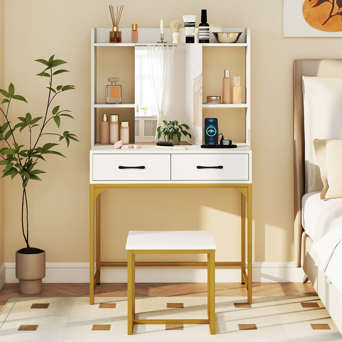Vanity Desk with Mirror Storage & Charging Station, White
