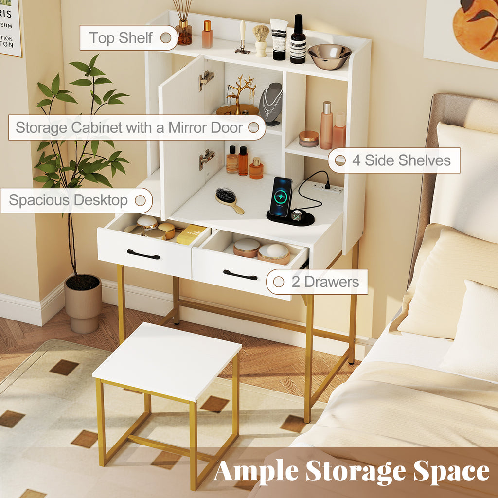 Vanity Desk with Mirror Storage & Charging Station, White