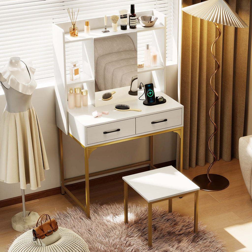 Walnut Vanity Desk with Drawers and Charging Station