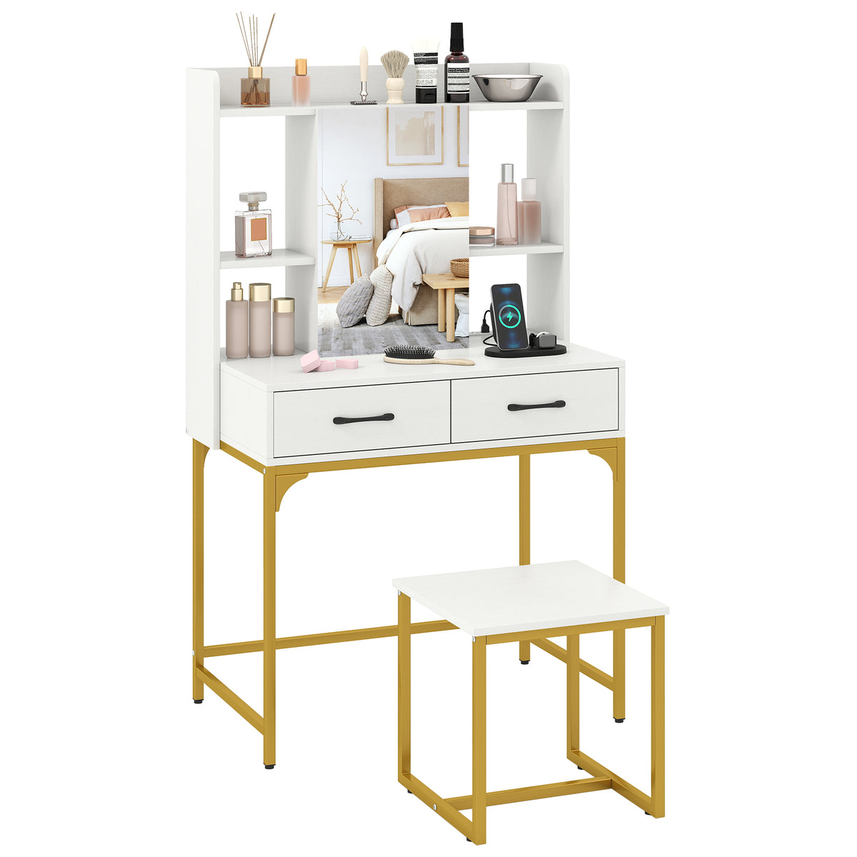 Makeup Vanity Desk with Hollywood Mirror and Lights, White