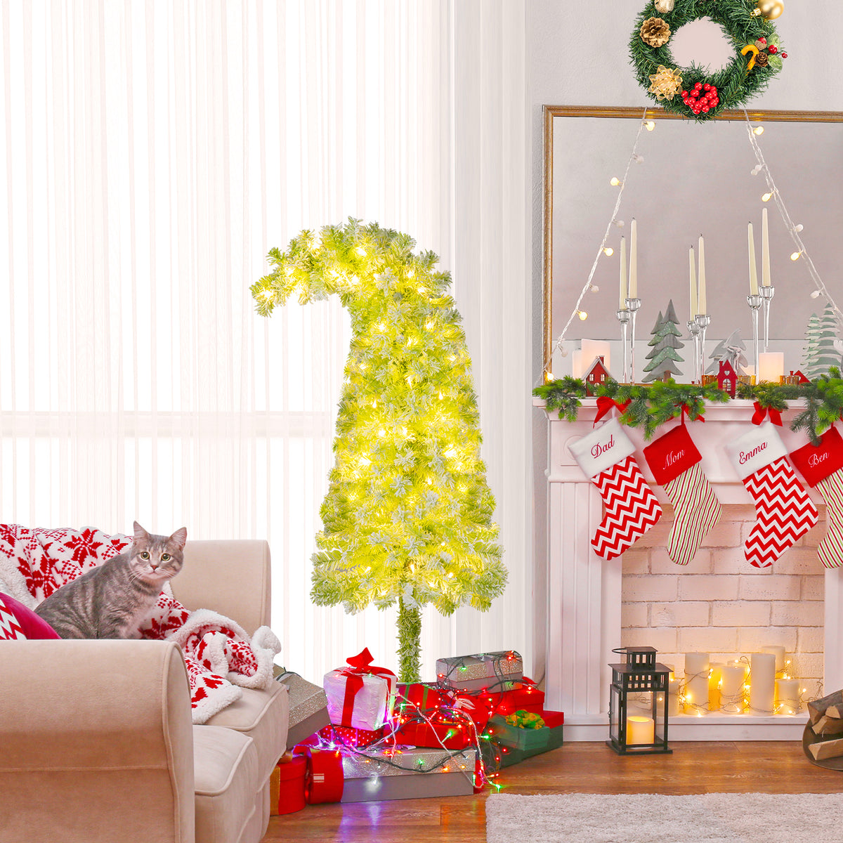 5/6/7 Ft Whimsical Christmas Tree with Bendable Top, 216/290/366 Branches, Snow Flocking, LED Lights — Space-Saving Design