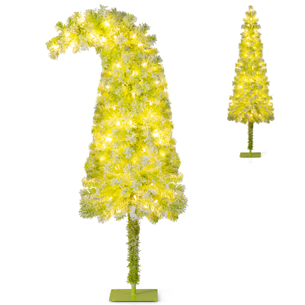 5/6/7 Ft Whimsical Christmas Tree with Bendable Top, 216/290/366 Branches, Snow Flocking, LED Lights — Space-Saving Design