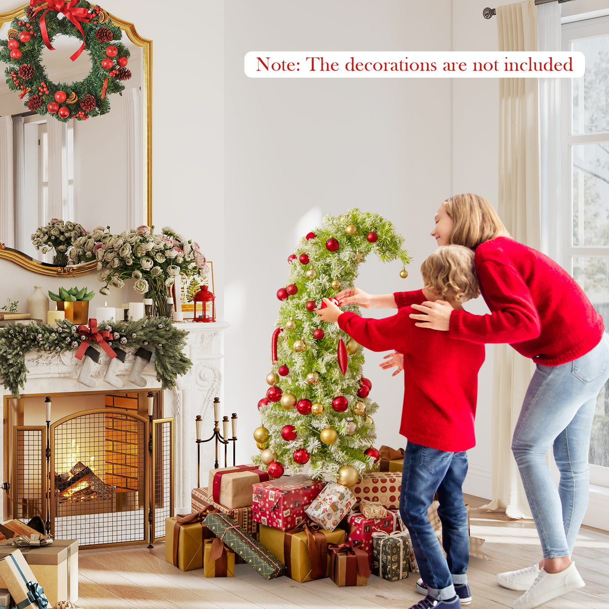 5/6/7 Ft Whimsical Christmas Tree with Bendable Top, 216/290/366 Branches, Snow Flocking, LED Lights — Space-Saving Design