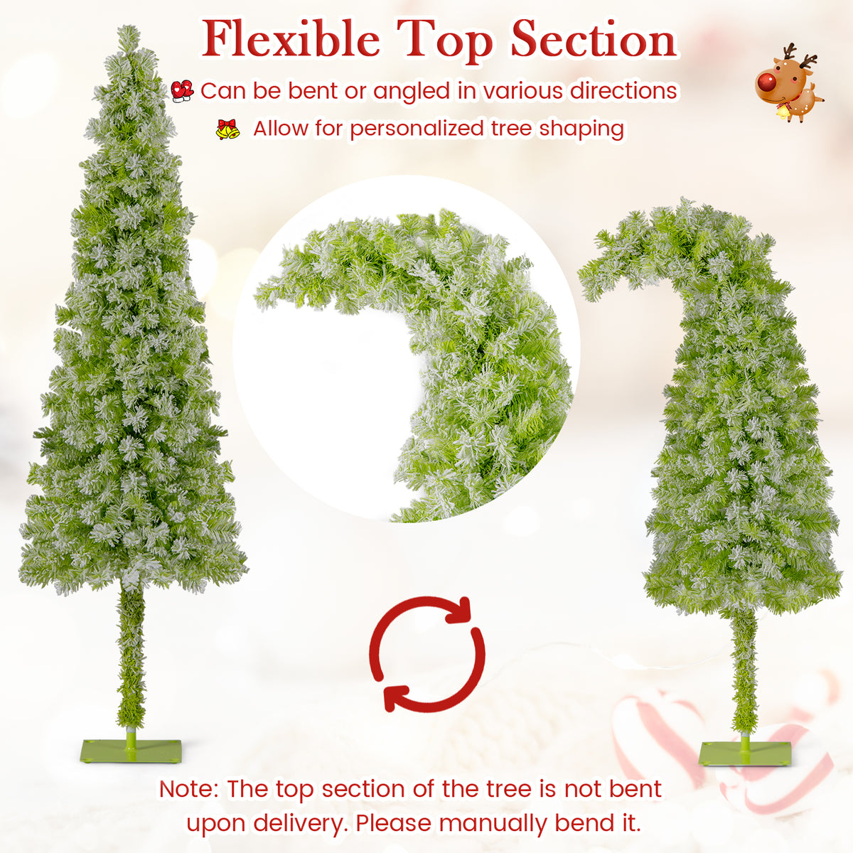 5/6/7 Ft Whimsical Christmas Tree with Bendable Top, 216/290/366 Branches, Snow Flocking, LED Lights — Space-Saving Design
