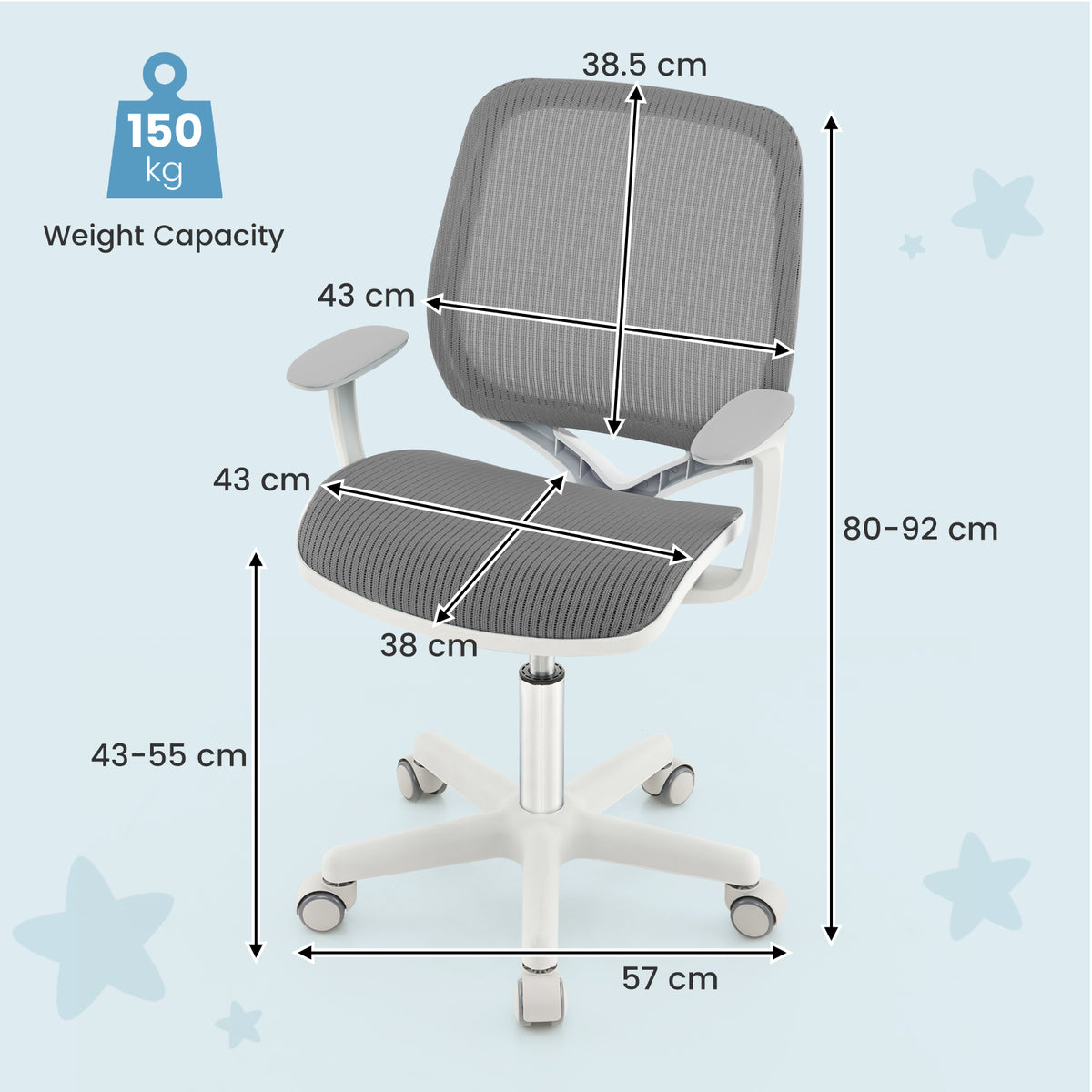 Kids Mesh Swivel Office Chair with Adjustable Height 31.5-36 inches Gray