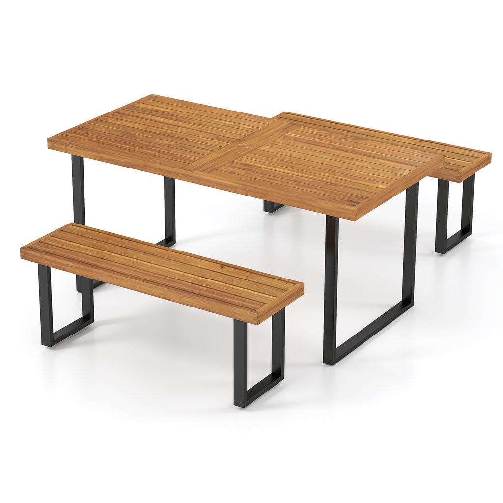 63" Acacia Wood Patio Dining Table Set with 2 Backless Benches
