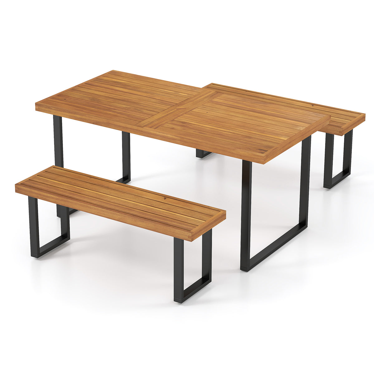 63" Acacia Wood Patio Dining Table Set with 2 Backless Benches
