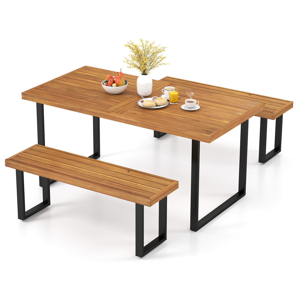 63" Acacia Wood Patio Dining Table Set with 2 Backless Benches