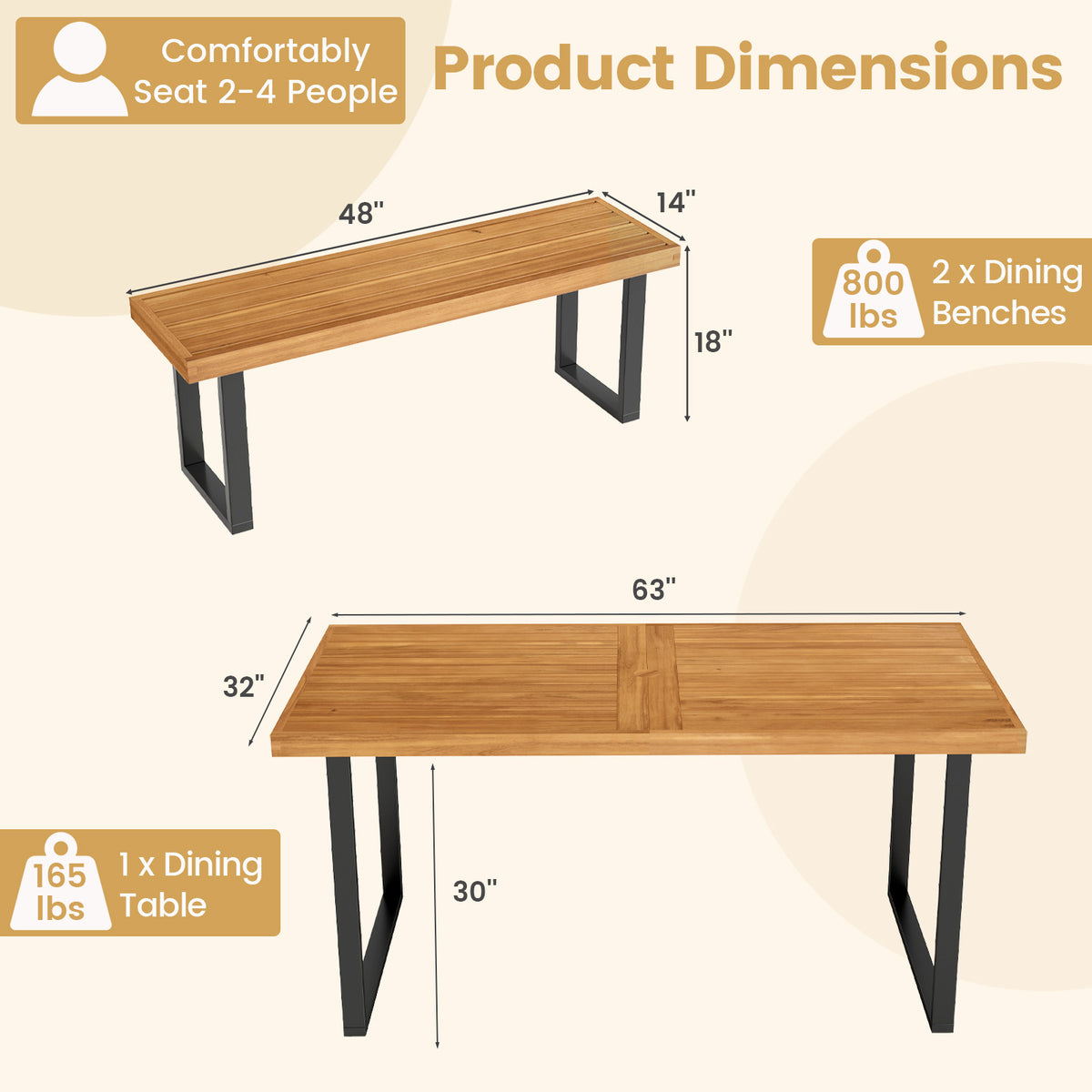 63" Acacia Wood Patio Dining Table Set with 2 Backless Benches
