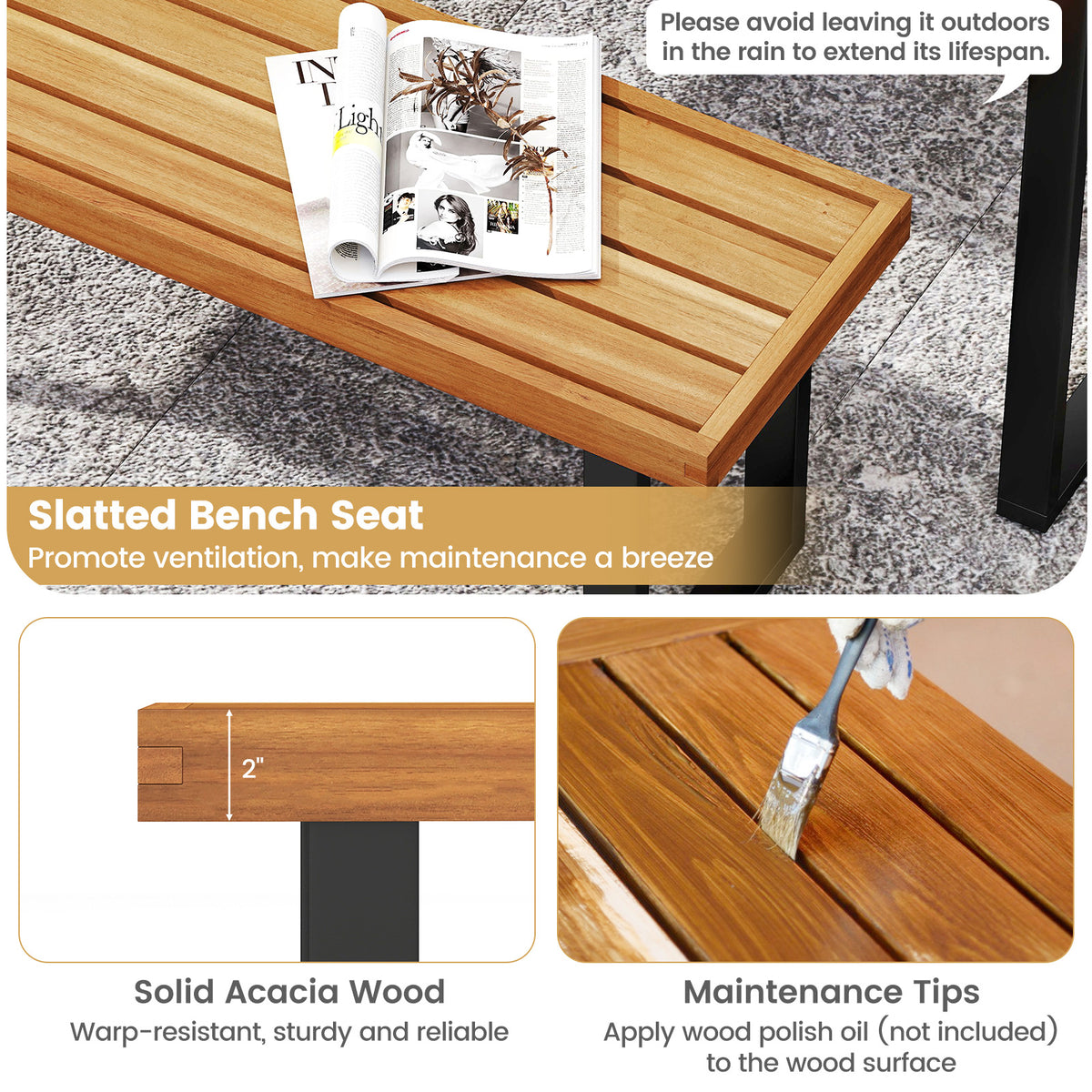 63" Acacia Wood Patio Dining Table Set with 2 Backless Benches