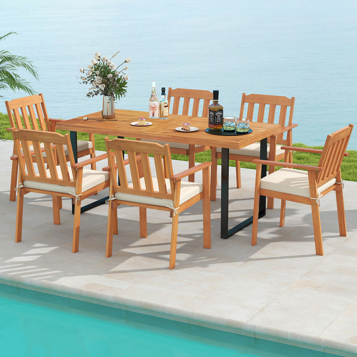 7-Piece Patio Dining Set 63" Acacia Wood Table & Chairs - Style 4