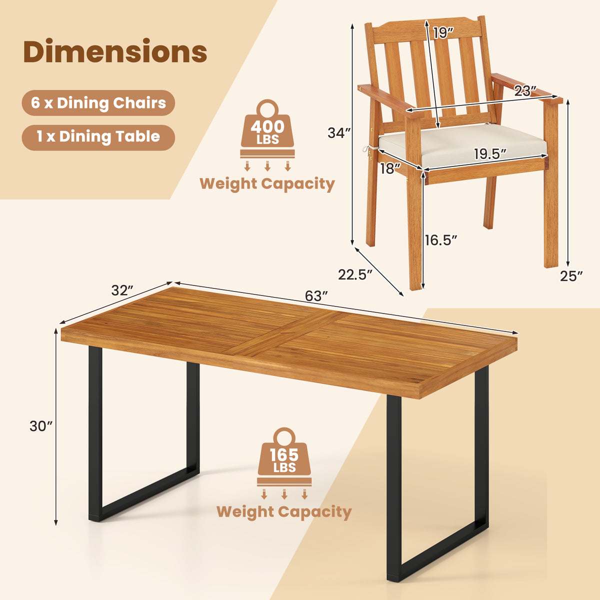 7-Piece Patio Dining Set 63" Acacia Wood Table & Chairs - Style 4