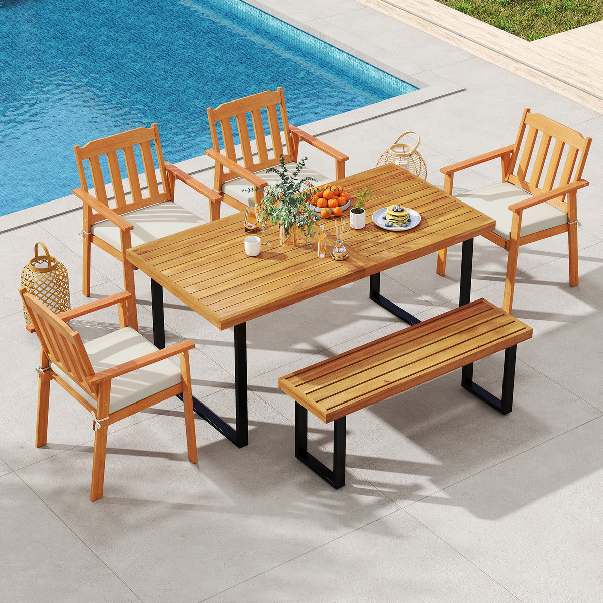 6 Pieces Patio Dining Table Set 63” Rectangle with 4 Acacia Wood
