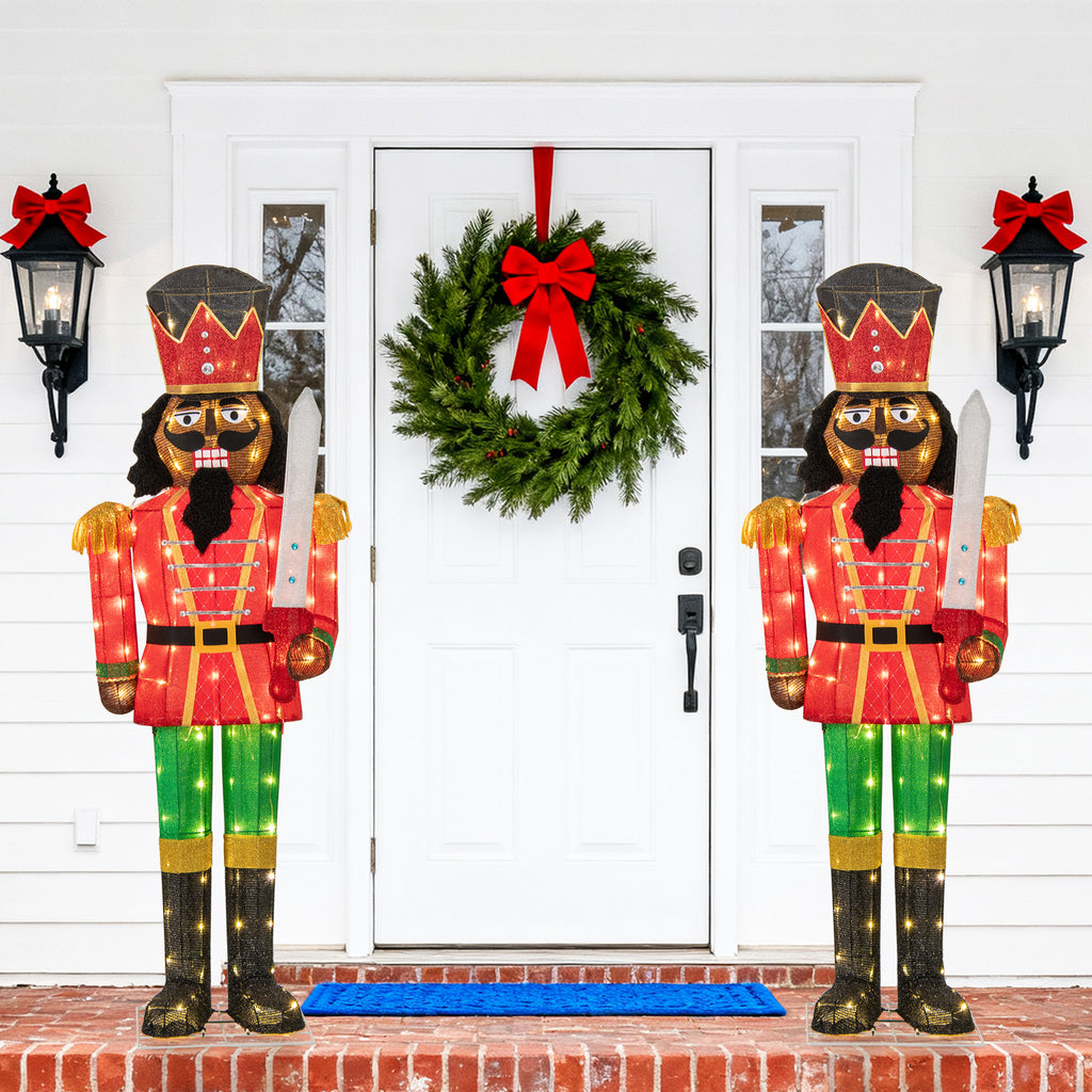 Set of 2 5FT Lighted Christmas Nutcracker Decorations with Glitter Swords - Indoor & Outdoor Holiday Decor