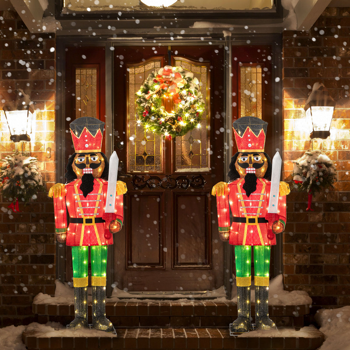 Set of 2 5FT Lighted Christmas Nutcracker Decorations with Glitter Swords - Indoor & Outdoor Holiday Decor