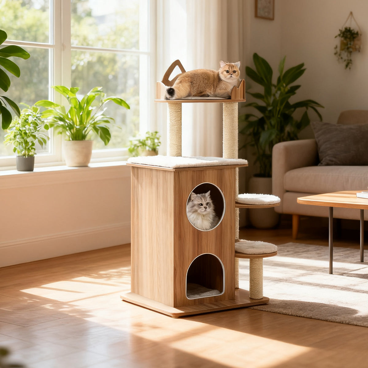 48 Inch Wooden Cat Tree with 2-Floor Condo Washable Cushions - Natural Variation
