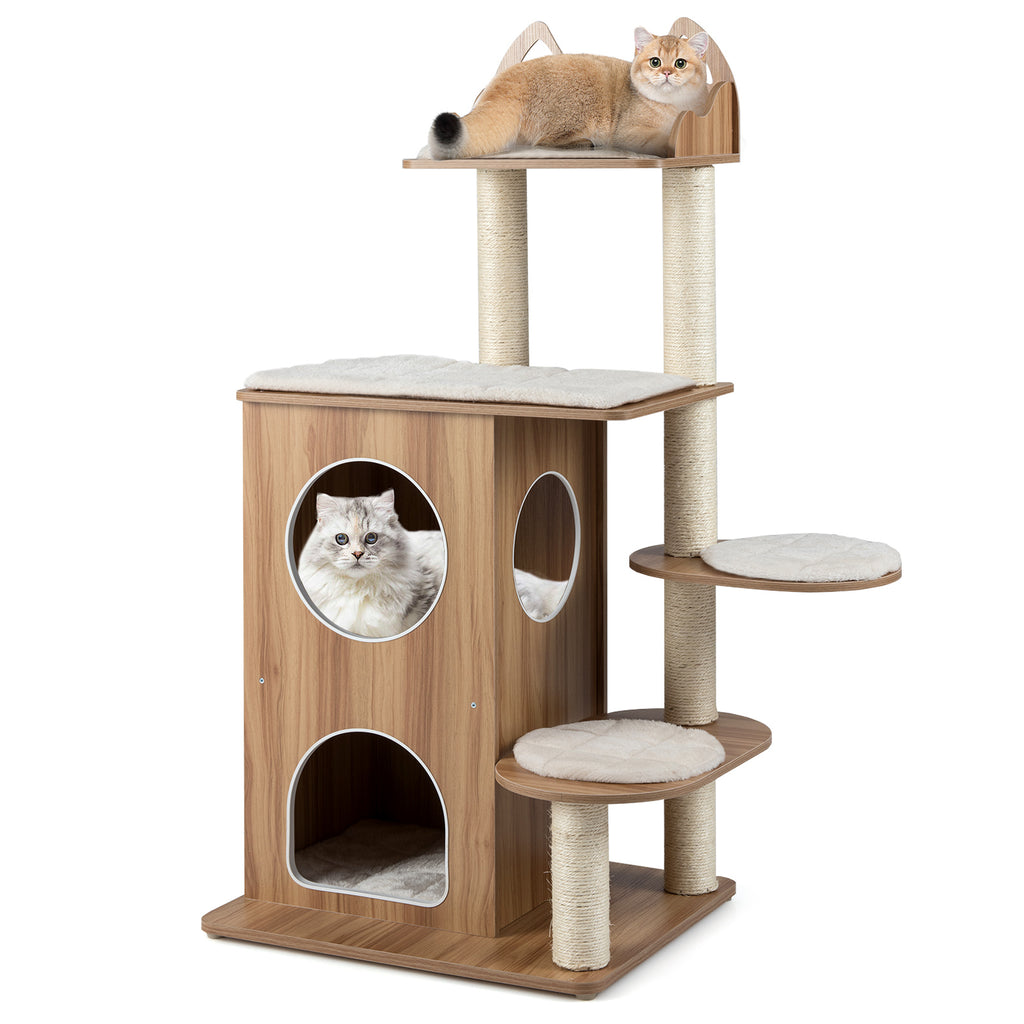 48 Inch Wooden Cat Tree with 2-Floor Condo Washable Cushions - Natural Variation