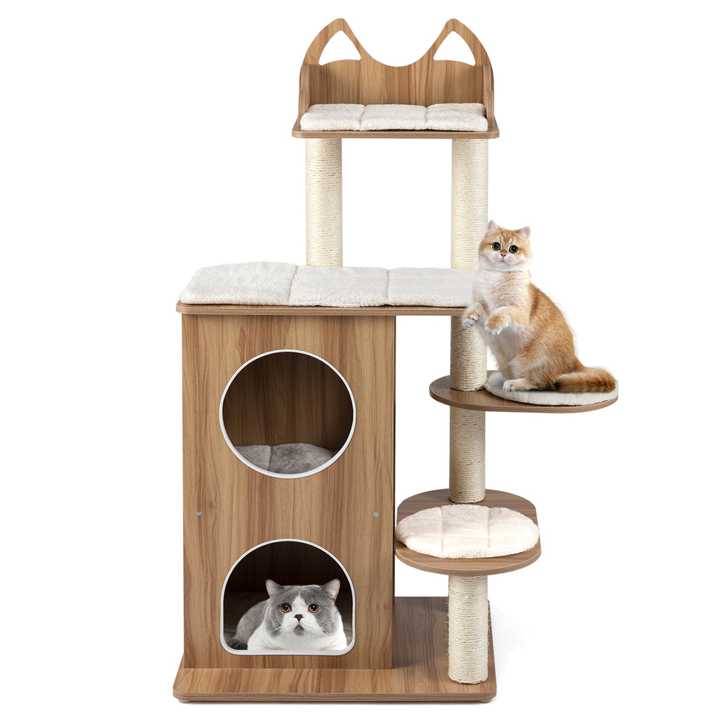 48 Inch Wooden Cat Tree with 2-Floor Condo Washable Cushions - Natural Variation