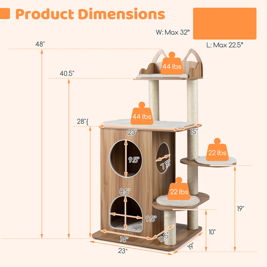 48 Inch Wooden Cat Tree with 2-Floor Condo Washable Cushions - Natural Variation