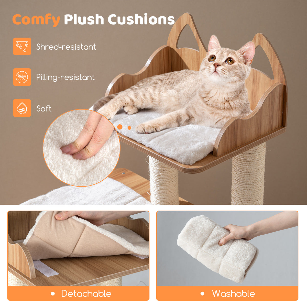 48 Inch Wooden Cat Tree with 2-Floor Condo Washable Cushions - Natural Variation