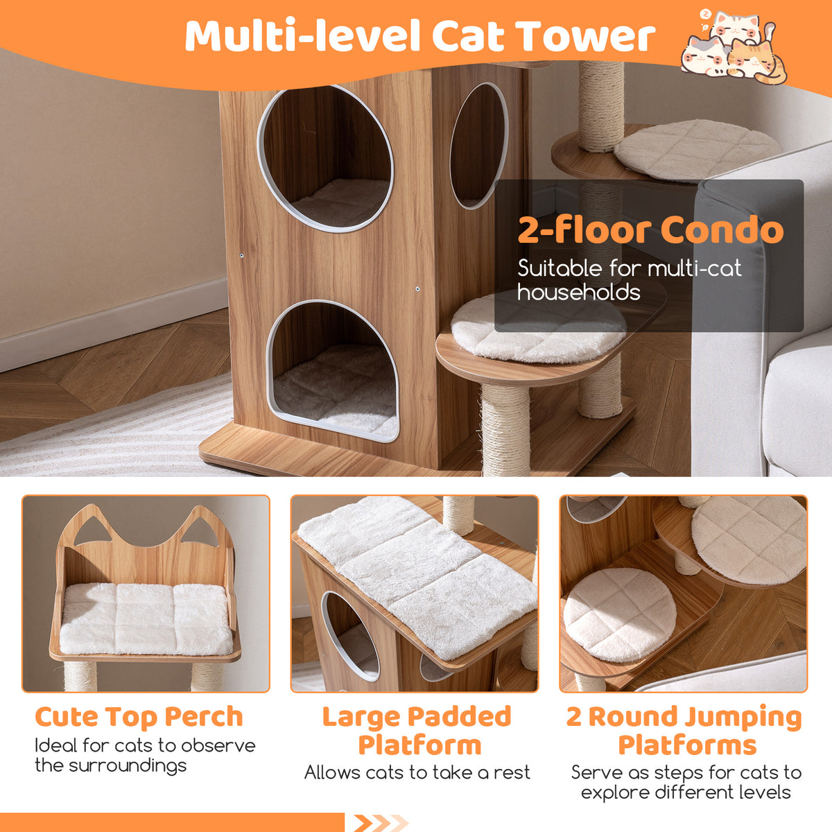 48 Inch Wooden Cat Tree with 2-Floor Condo Washable Cushions - Natural Variation
