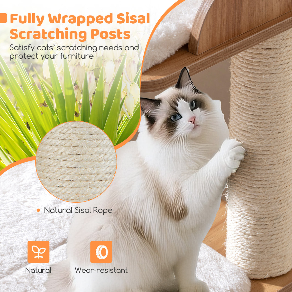 48 Inch Wooden Cat Tree with 2-Floor Condo Washable Cushions - Natural Variation