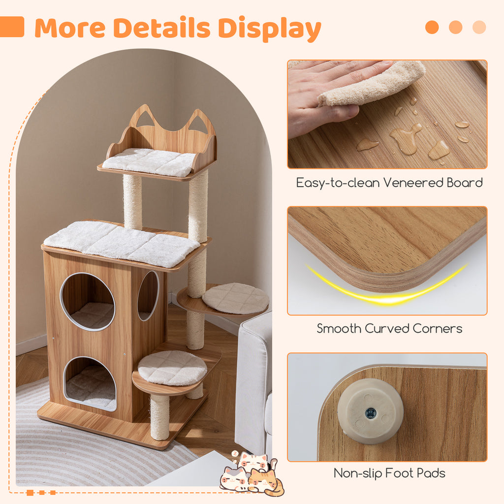 48 Inch Wooden Cat Tree with 2-Floor Condo Washable Cushions - Natural Variation