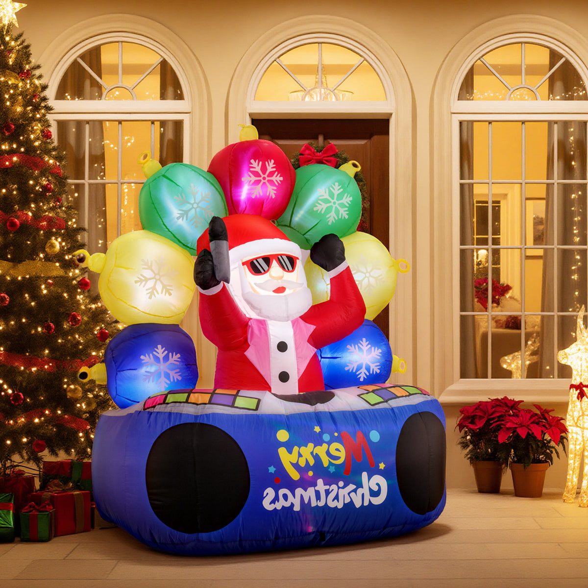 Inflatable Santa DJ with Rotating Music Lights & Flashing LEDs - Holiday Party Decor