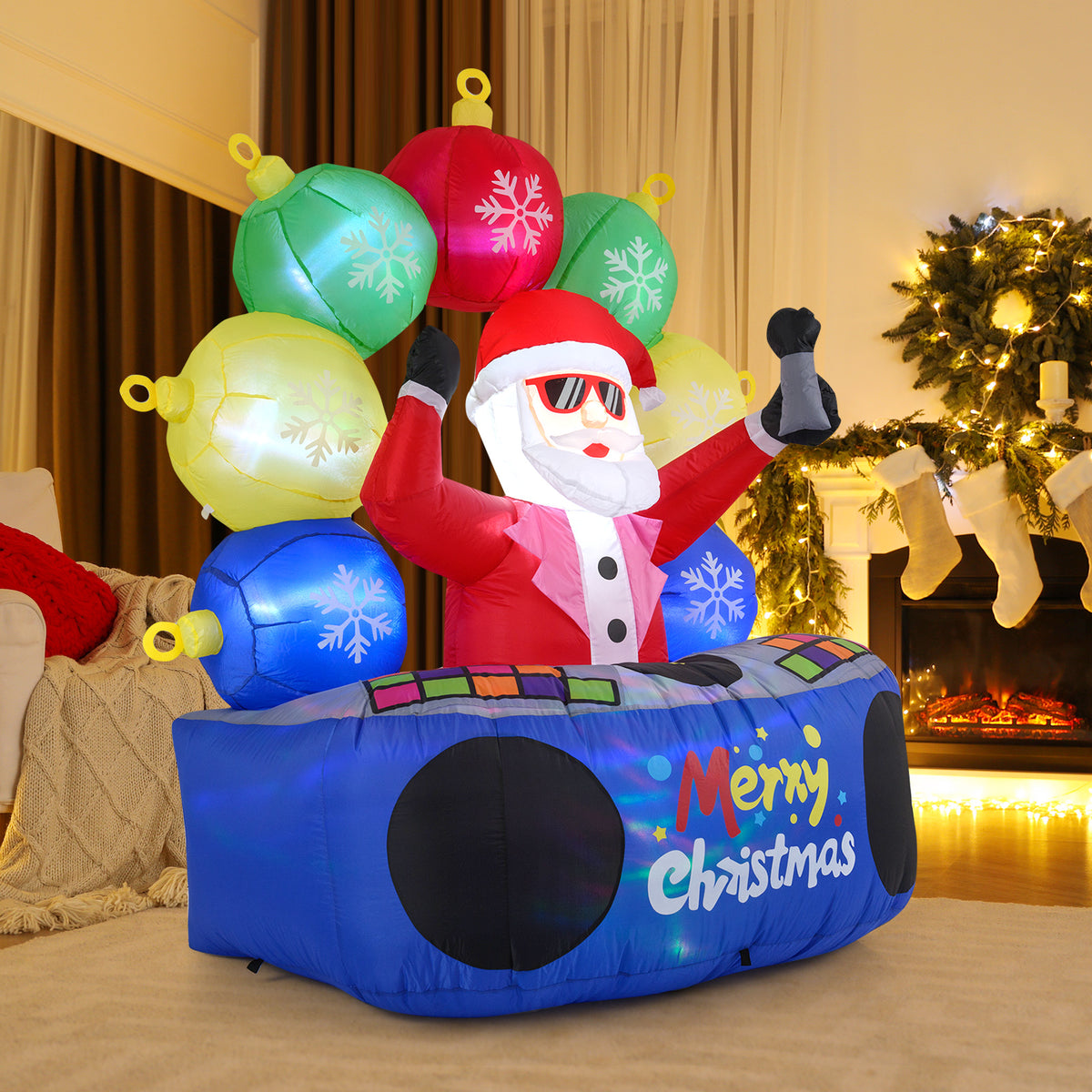 Inflatable Santa DJ with Rotating Music Lights & Flashing LEDs - Holiday Party Decor