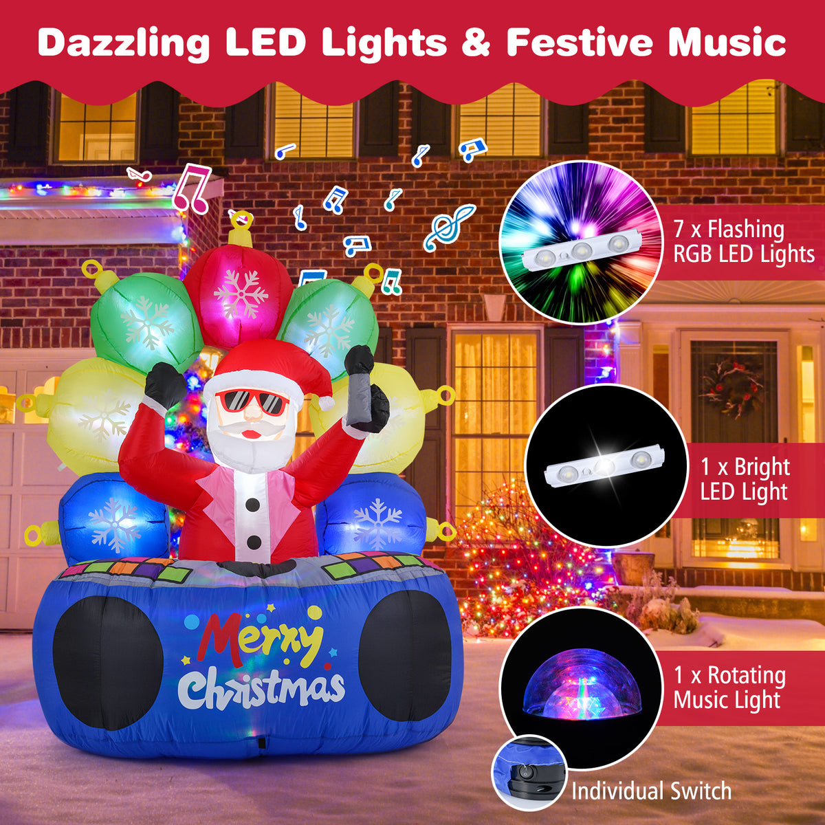 Inflatable Santa DJ with Rotating Music Lights & Flashing LEDs - Holiday Party Decor