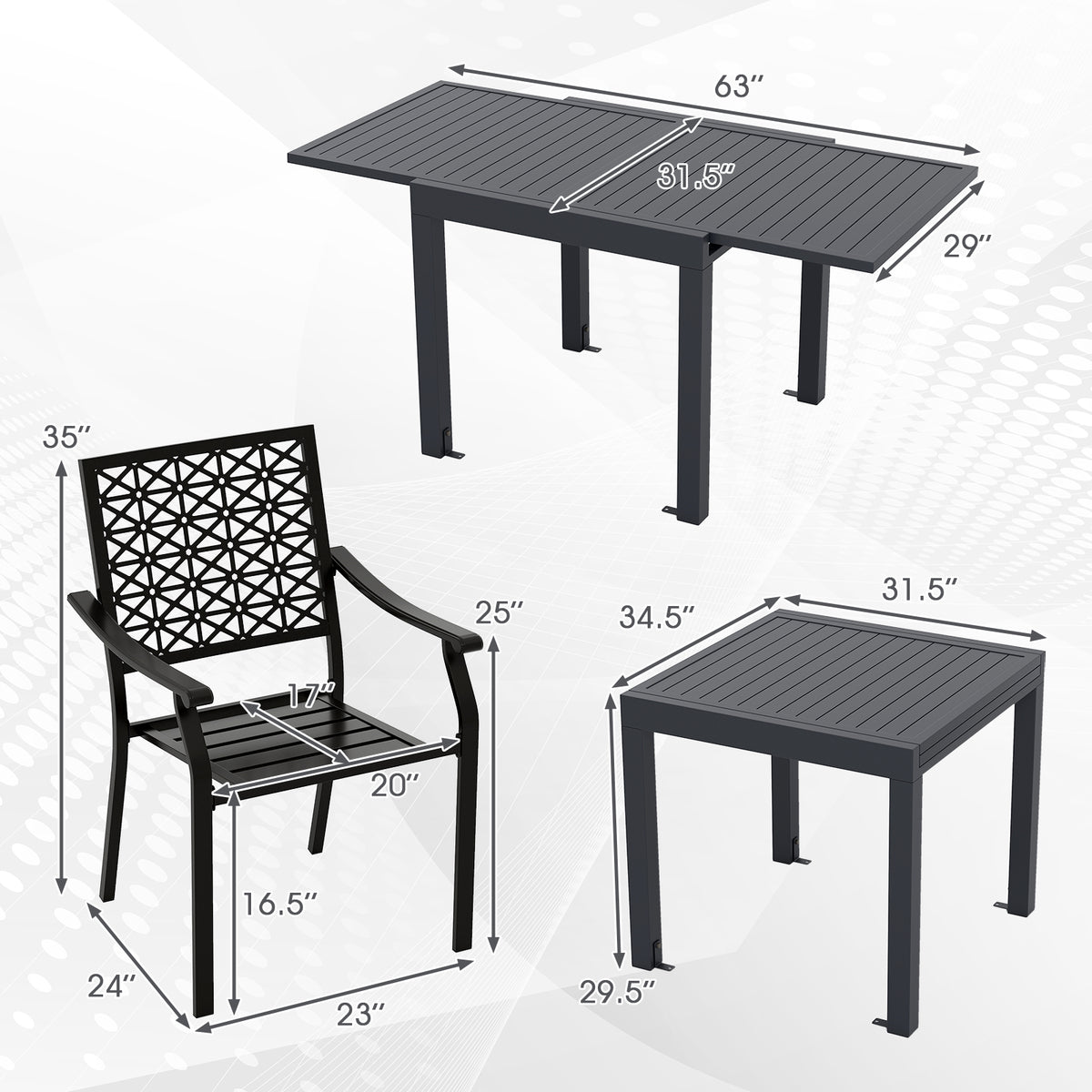 Patio Aluminum Expandable Dining Set with Stackable Armchairs