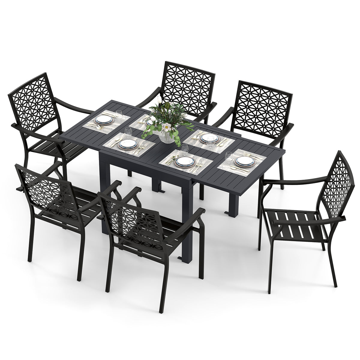 Patio Aluminum Expandable Dining Set with Stackable Armchairs