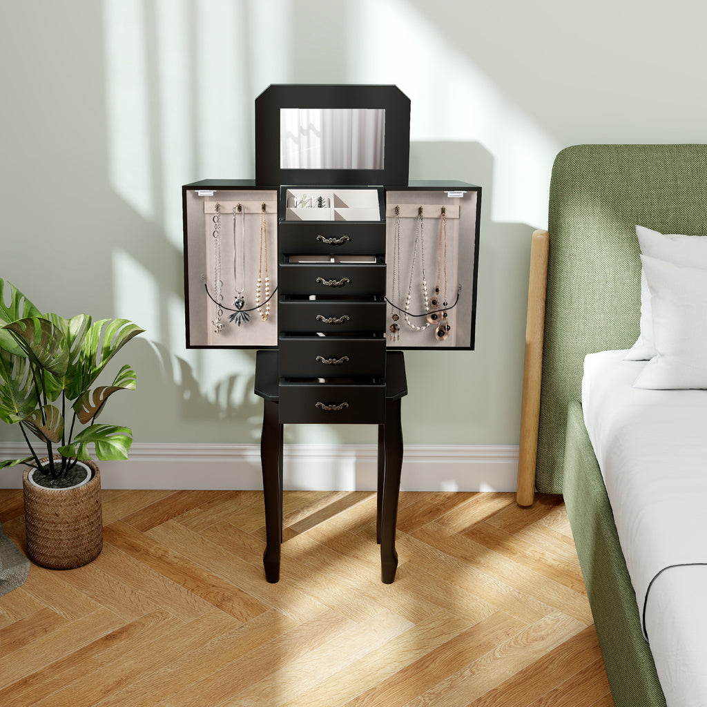 Standing Jewelry Box with Mirror, 4 Drawers & 2 Doors, Black