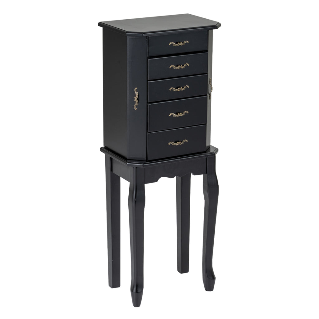 Standing Jewelry Box with Mirror, 4 Drawers & 2 Doors, Black