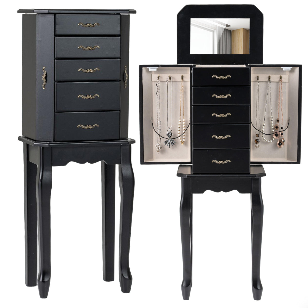 Standing Jewelry Box with Mirror, 4 Drawers & 2 Doors, Black
