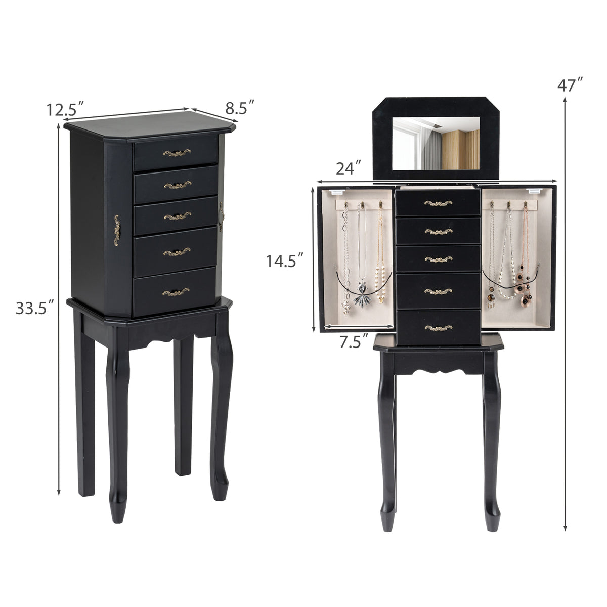 Standing Jewelry Box with Mirror, 4 Drawers & 2 Doors, Black