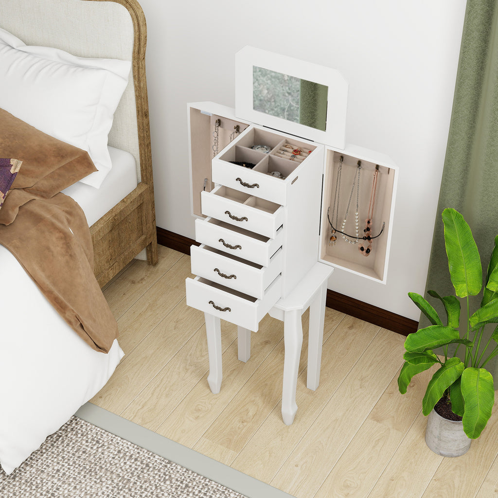 Standing Jewelry Armoire with Mirror - 4 Drawers & 2 Doors, White