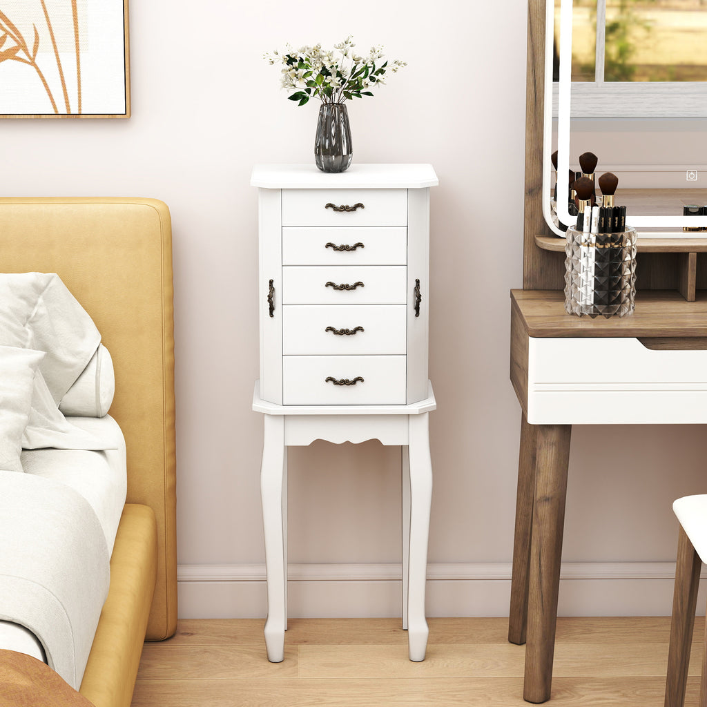 Standing Jewelry Armoire with Mirror - 4 Drawers & 2 Doors, White